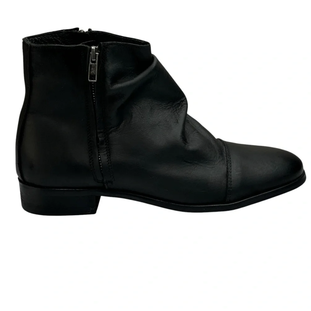New Black Leather Ankle Boots Side Zipper Ruching 2” Block Heel Size 41 US Sz 10